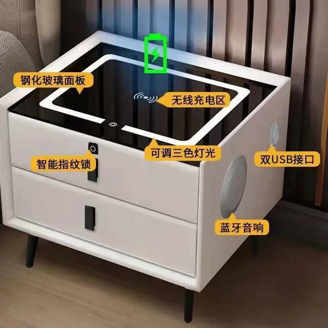 نموذج من الخشب الصلب، ذكي، طاولة بجانب السرير بسيطة، حديثة، فاخرة خفيفة، جلد، مضخمين، لاسلكي، شحن. #5