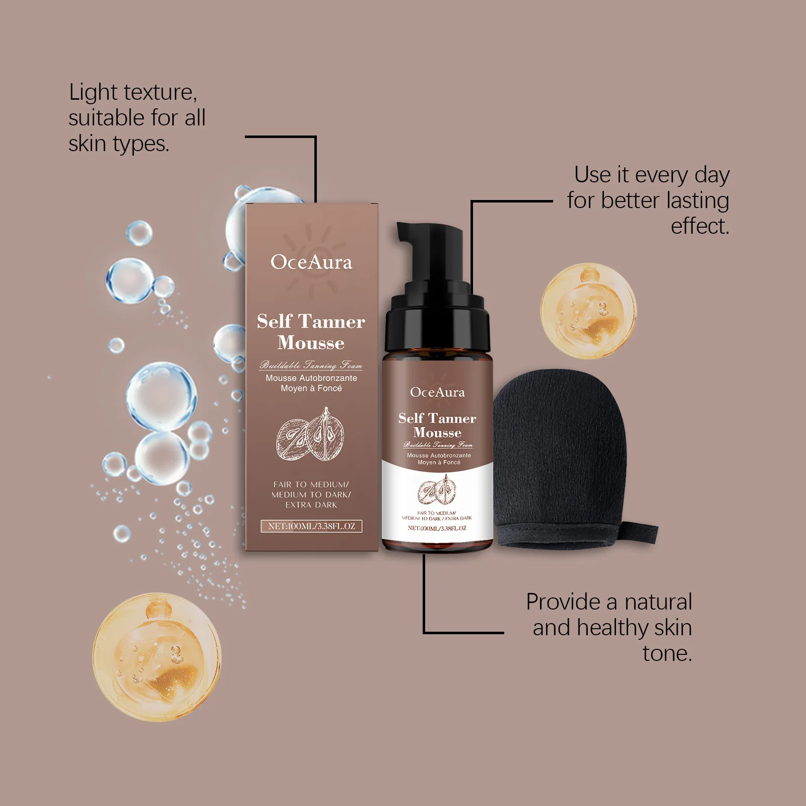 Mousse bronceador sin sol, potenciador bronceador hidratante suavizante, oscurecimiento, profundización, dorado, marrón, para verano, Mousse autobronceador para tomar el sol
