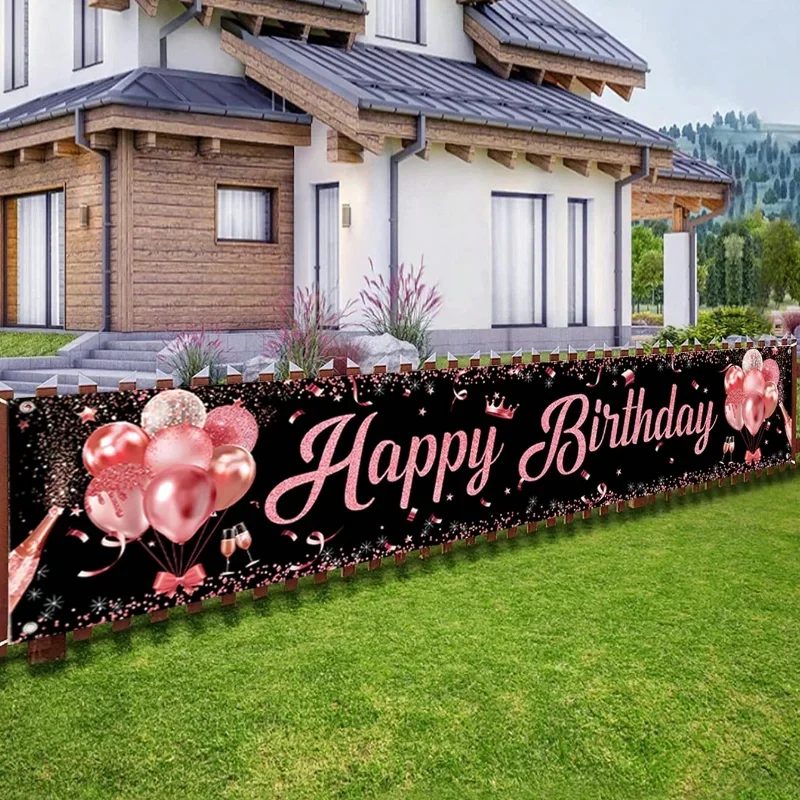 Rose Happy Birthday Banner Decorations Yard Outdoor Banner Sign Party Supplies for Women 16 21 30 40 50th Birthday Decor