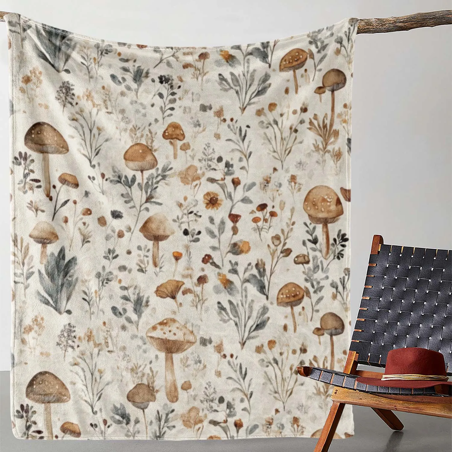

1 шт. винтажное фланелевое одеяло с грибами и цветочным принтом — мягкое, уютное, всесезонное покрывало для дивана, кровати, автомобиля, офиса, кемпинга и путешествий