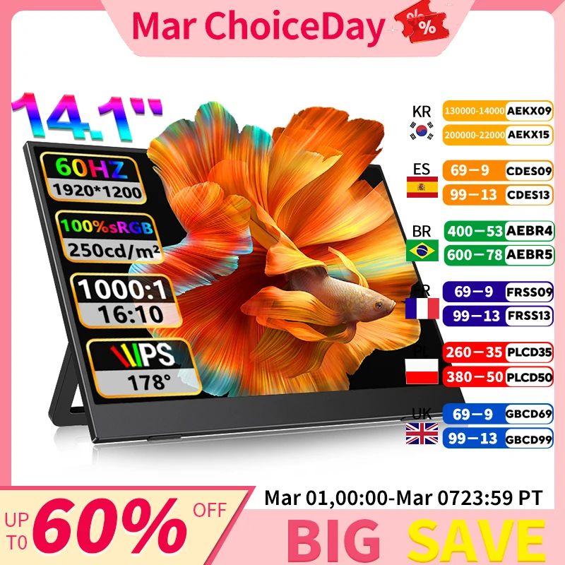 

14.1" Full HD Portable Monitor 100%SRGB 16:10 for Suitable for laptop expansion dual screen solution for Enhanced Productivity