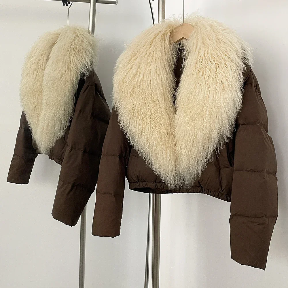 Veste bouffante imperméable en PU pour femme, manteau court et grand col en fourrure mongole, duvet de canard blanc, Parkas d'hiver en fourrure de réalité