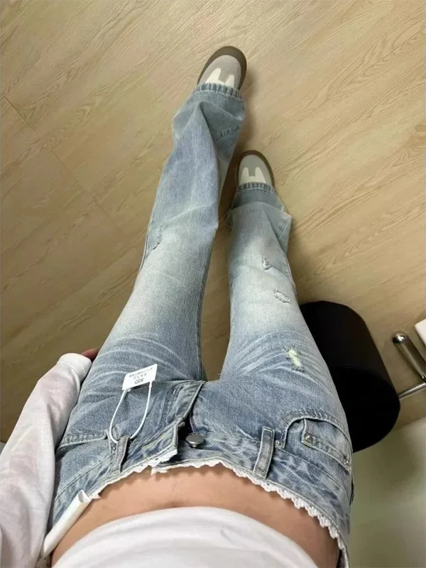 Low Waist Bell Bottom Denim Jeans Women's Spring Summer New Style Lace Splicing Design High Elasticity Floor Length Pants