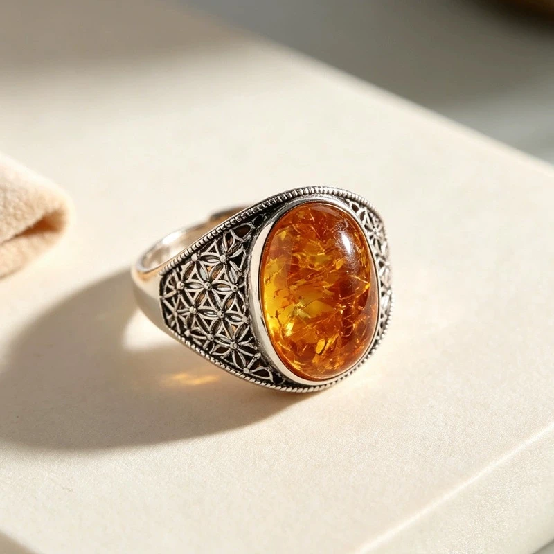 Vintage Hollow Flower Amber Stone Adjustable Finger Rings For Women Lady Fashion New Jewelry Gift Party Wedding