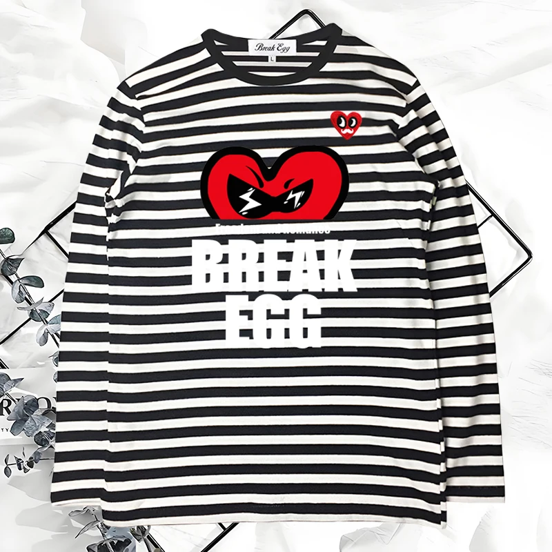 

Half Glasses Face Heart Break Egg letter Print Women Striped T-Shirt Red Eyes Beard Heart Embroidery Cotton Long-sleeved T-shirt