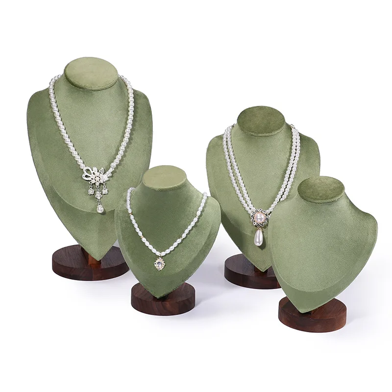 

High-Grade Walnut and Green Velvet Portrait Model Wholesale Neck Membrane Counter Display for Retail Jewelry Display Stand