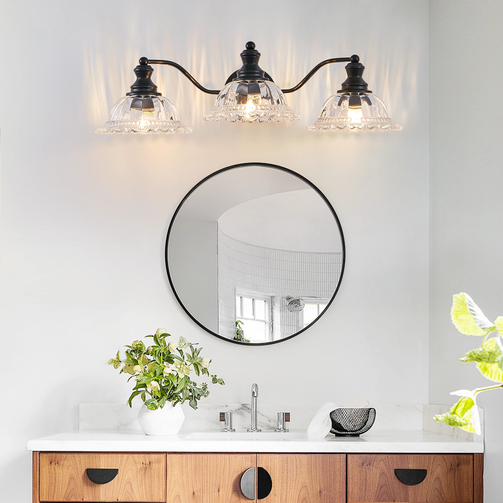 

24 Inch 3-Light Vintage Bathroom Wall Sconce – Elegant Black Metal and Glass Lampshade Vanity Light Fixture (No Bulb)