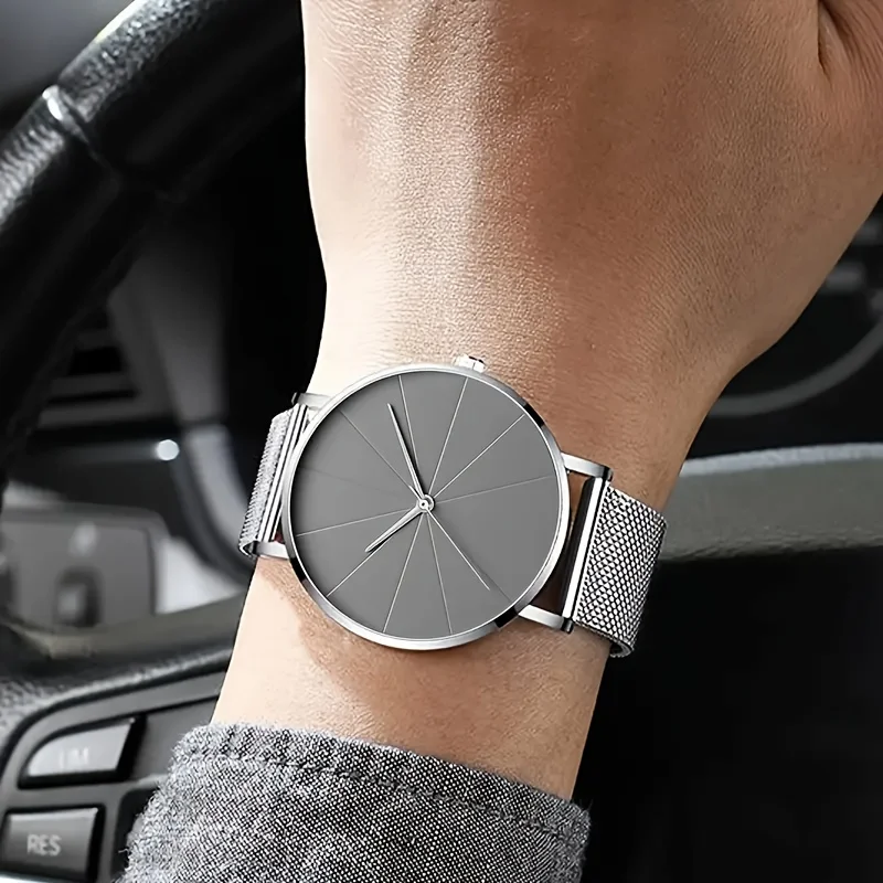 Orologio al quarzo da uomo d'affari e tempo libero da 2 pezzi/set, orologio e bracciale in maglia di acciaio inossidabile, regalo per la festa del papà