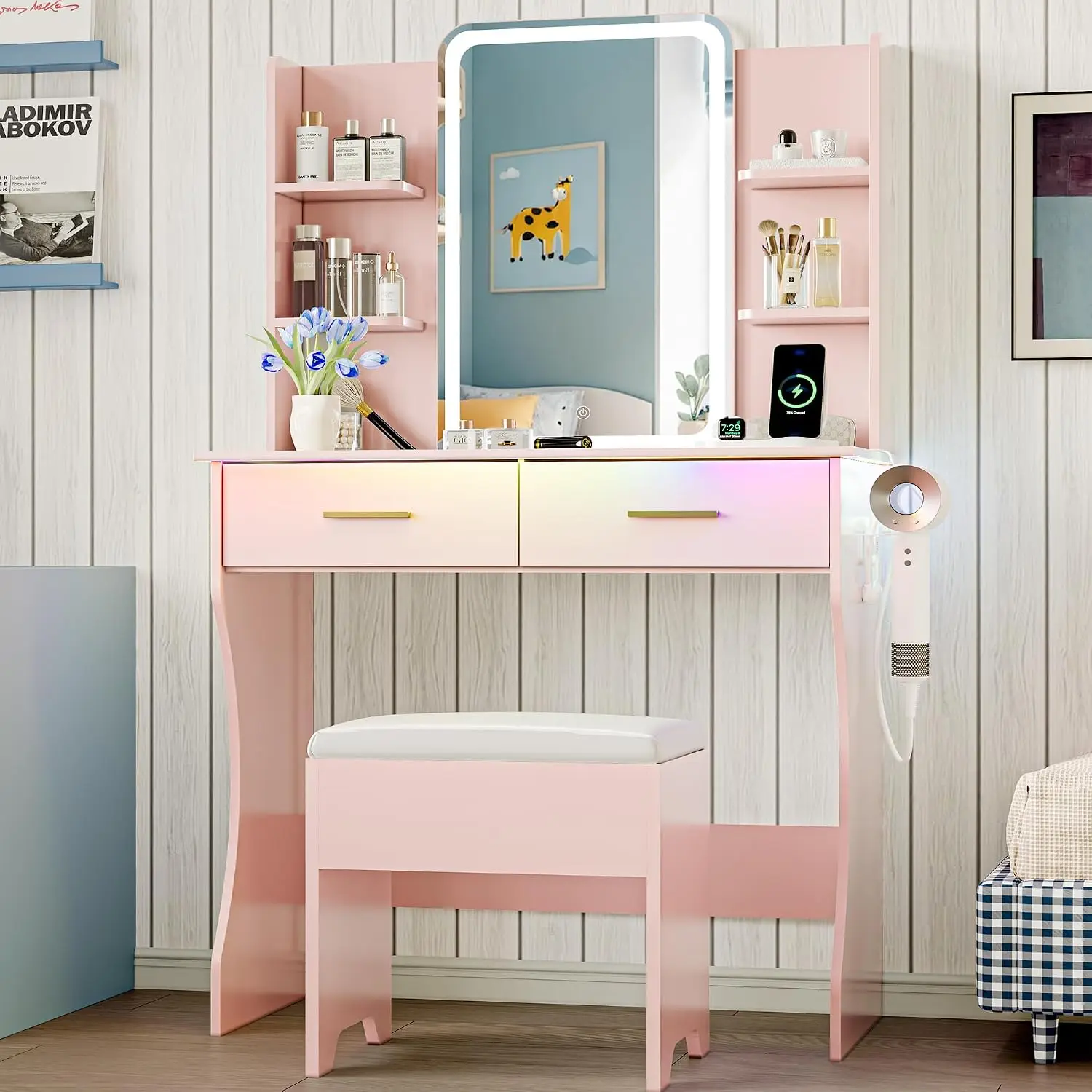 Pink Vanity Desk Led Lights Mirror Power Outlet Small Makeup Table Set Storage Drawers Chair 3 Lighting Modes Adjustable Brightn