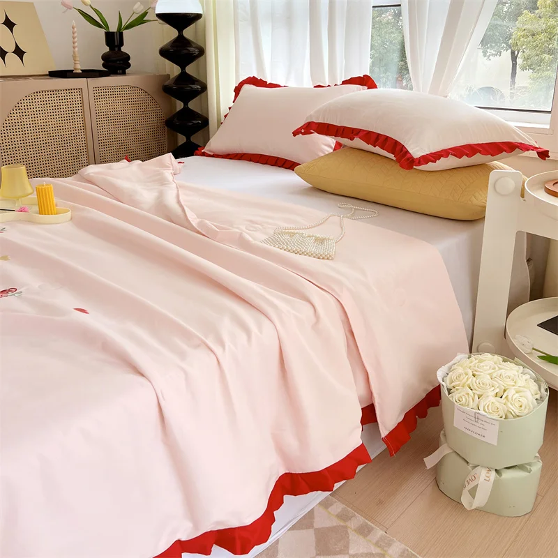 Cotton Embroidery Ruffle Summer Bedroom Thin Quilt Red Bow and  Cherry Pattern Hotel Travel Air Conditioning Quilt Soft Blanket