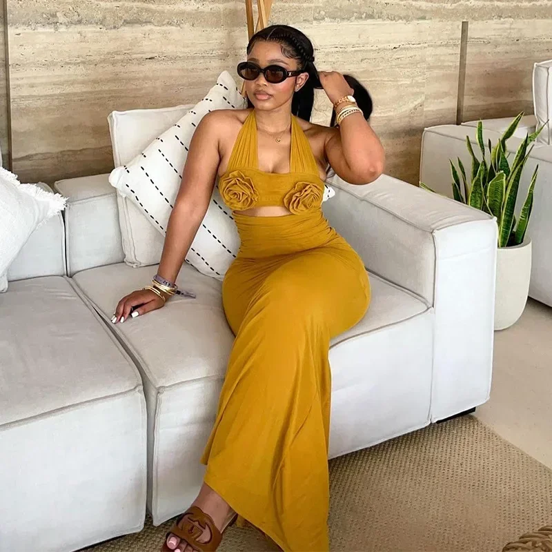 

Ruched Applique Dress Women Sexy Bandage Halter Hollow Sleeveless Robe Street Trend Stretch Backless Long Bodycon