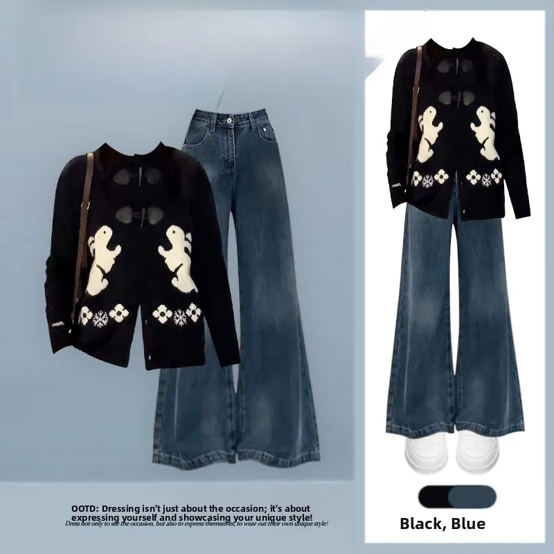 

Lazy Sle Cartoon Knitted Sweater And High Waist Jeans Two Piece Set Anti Aging Trendy Winter Faion Women's Ensemble