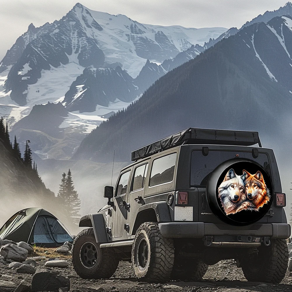 غطاء إطار بورتريه على شكل ذئاب مزدوجة من البوليستر المقاوم للعوامل الجوية لسيارات الدفع الرباعي RV #3