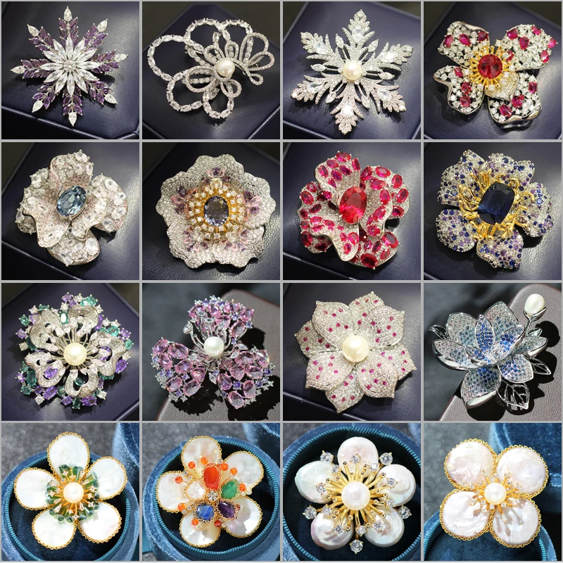 

Light Luxury High-end Elegant Rose Snowflake Lotus Brooches Retro Micro-inlaid Zircon Coat Jacket Pin Accessories for Women Gift