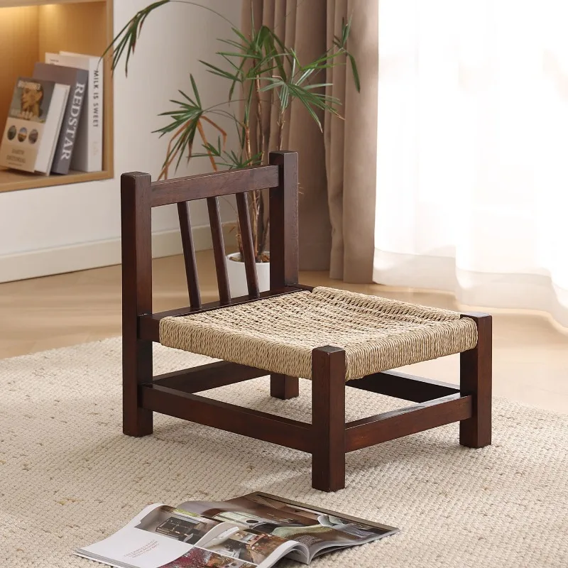 Handwoven Rope Tatami Stool, Natural Wood Low Seat for Floor Sitting, Meditation Yoga, Boho Japanese Style Living Room  Decor