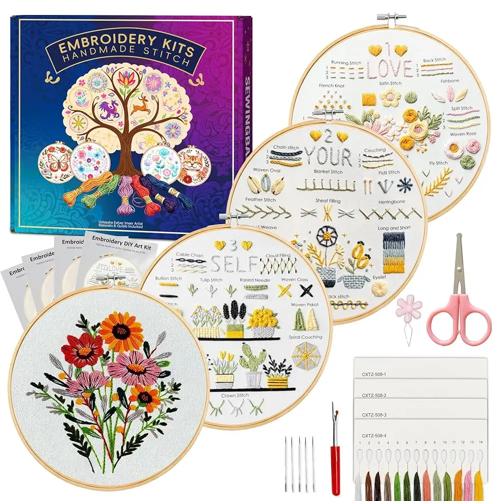 

Набор для вышивания для начинающих взрослых - Наборы для вышивания для начинающих взрослых, 4 шт., узоры для отработки строчек, набор для ручной вышивки.