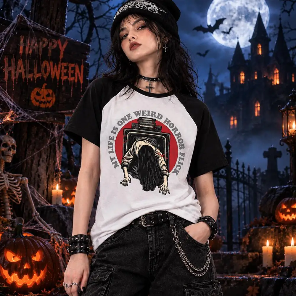 Camiseta de Manga Raglan Estilo Gótico Retrô para Homens e Mulheres, Roupa para Festa de Halloween, Estilo Casual de Verão, Top de Manga Curta