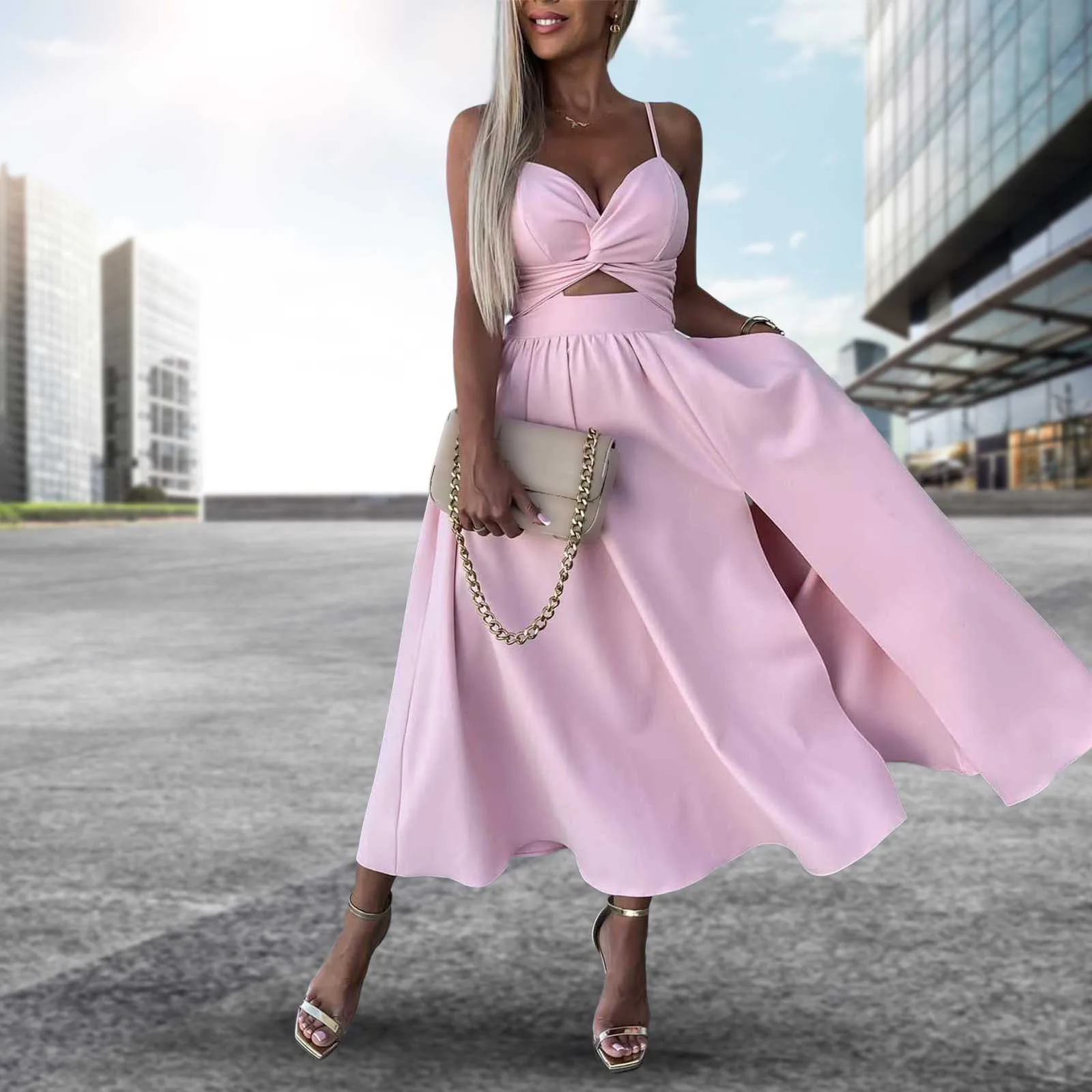 Women's Dress Sexy Autumn Spaghetti Strap Hollow Out Sleeveless Sie Slit Slim Midi Sundress Lady Casual Beach Party Dresses