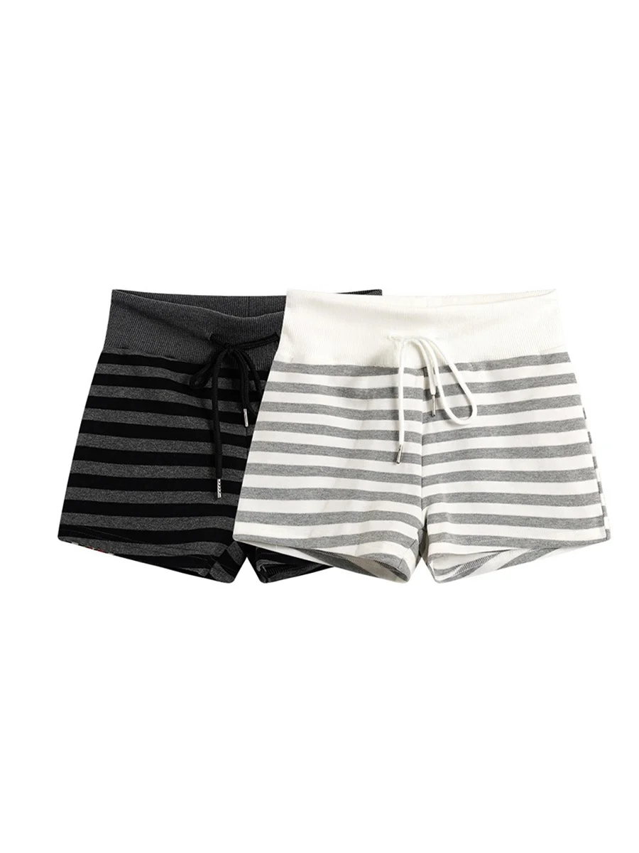 

American Retro High Waist Slimming Stripe Casual Shorts Women Summer New Drawstring Sporty Wrap around Outerwear Three Quarte...