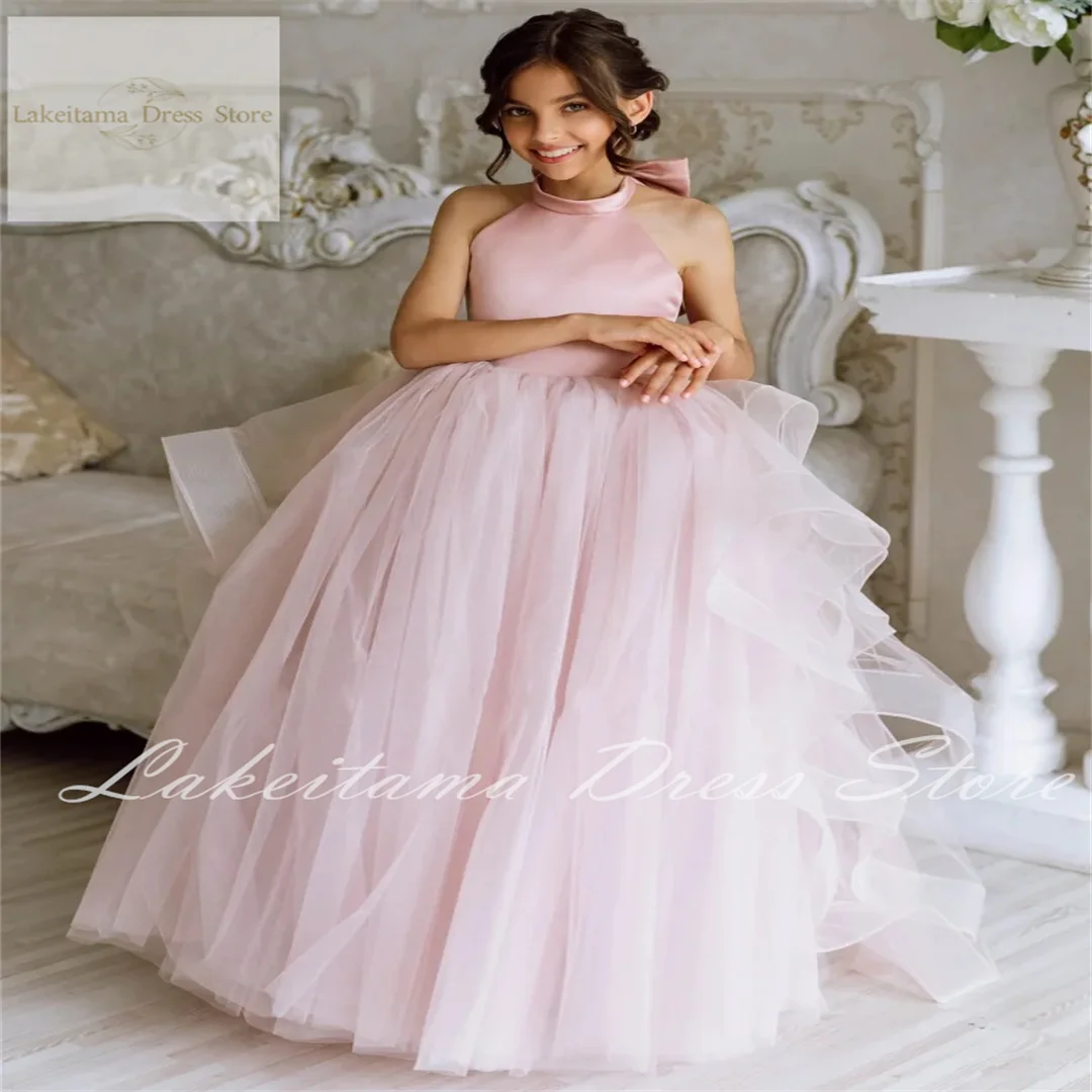 Flower Girl Dresses Pink Tulle Puffy Tiered With Bow And Tailing Sleeveless For Wedding Birthday Party First Communion Gowns