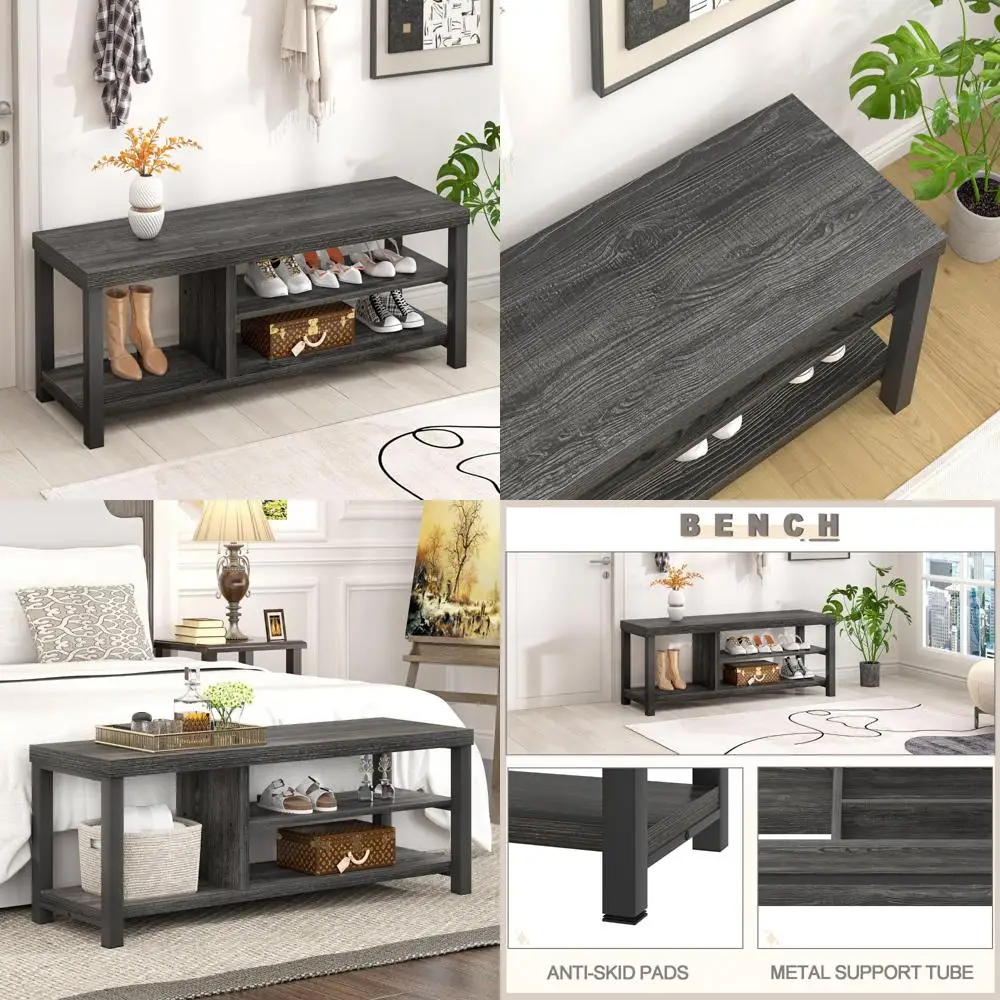 

Rustic Wooden Shoe Storage Bench for Hallway Entrance, Industrial Style Indoor Seat for Bedroom Living Room