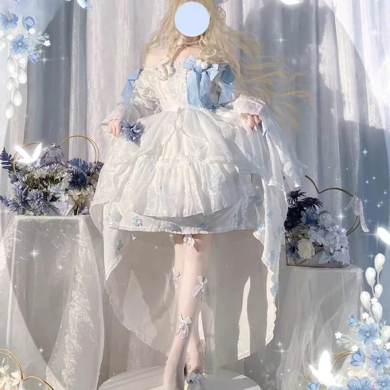 

Sweet Elegant Lace Bow Rose Flower Fairy Dress Japanese Kawaii Evening Party Dress Victorian Vintage Lolita Princess Dress Women