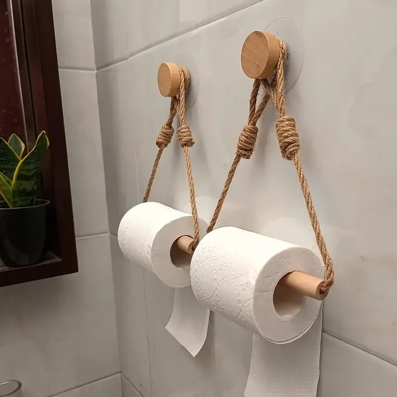

Hemp Rope and Wooden Stick Toilet Paper Holder Wall-Mounted Self-Adhesive Bathroom Tissue Storage Rack with Macramé Design