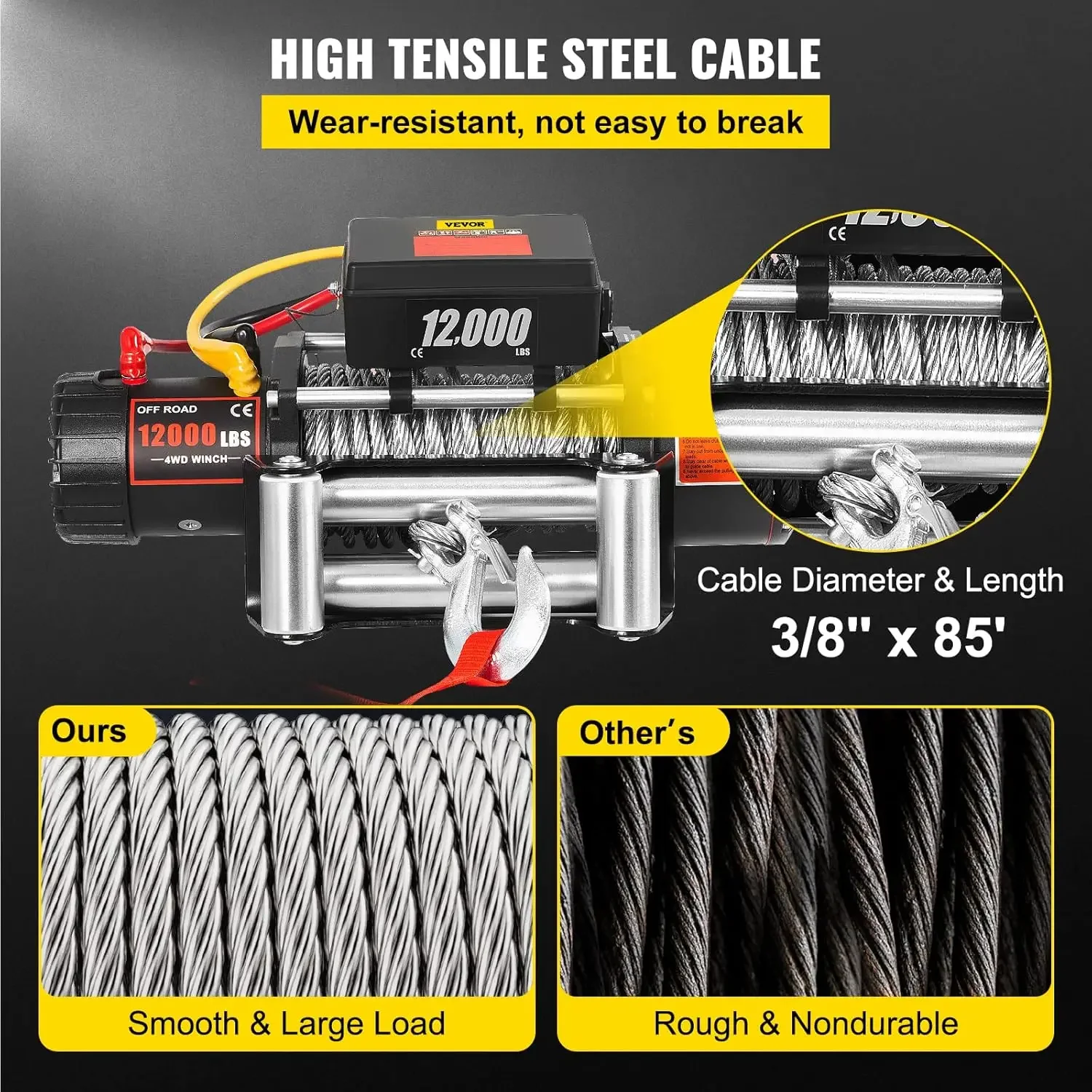 12000lbs Electric Winch 85ft/26m Steel Cable 12V Power Winch Jeep Winch with Wireless Remote Control and Power