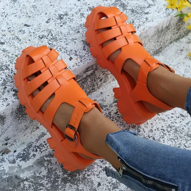 2024 Hot Sale Shoes for Women Buckle Ladies Sandals Summer Rome Closed Toe Solid Outdoor Casual Waterproof Platform Sandals