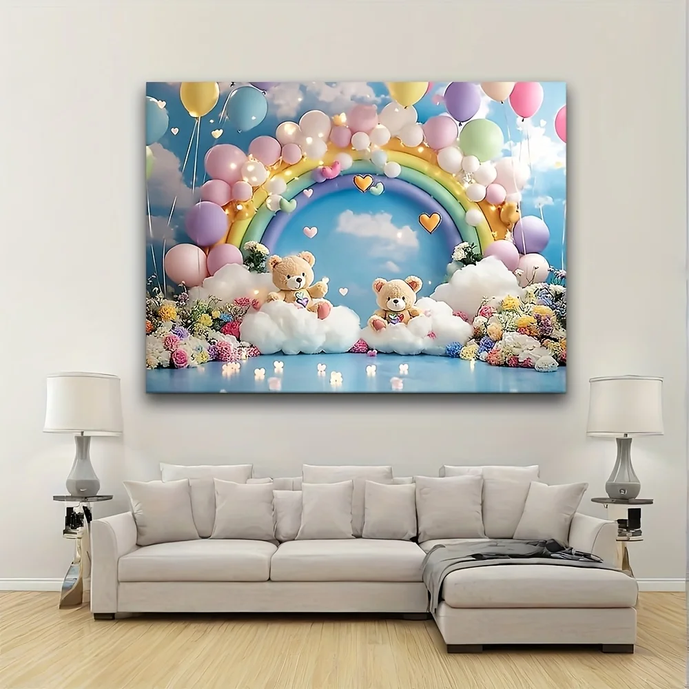 1 whimsical birthday party background - light flowers, clouds, rainbow, hot air balloon, and teddy bear