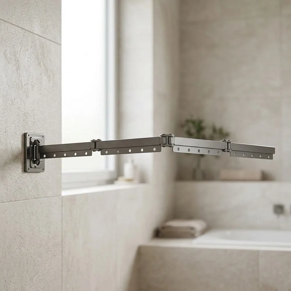 Wall Mount Folding Shower Curtain Rod for Bathrooms Adjustable 4-Fold Design Fits Shower Widths 40 to 51 Inches