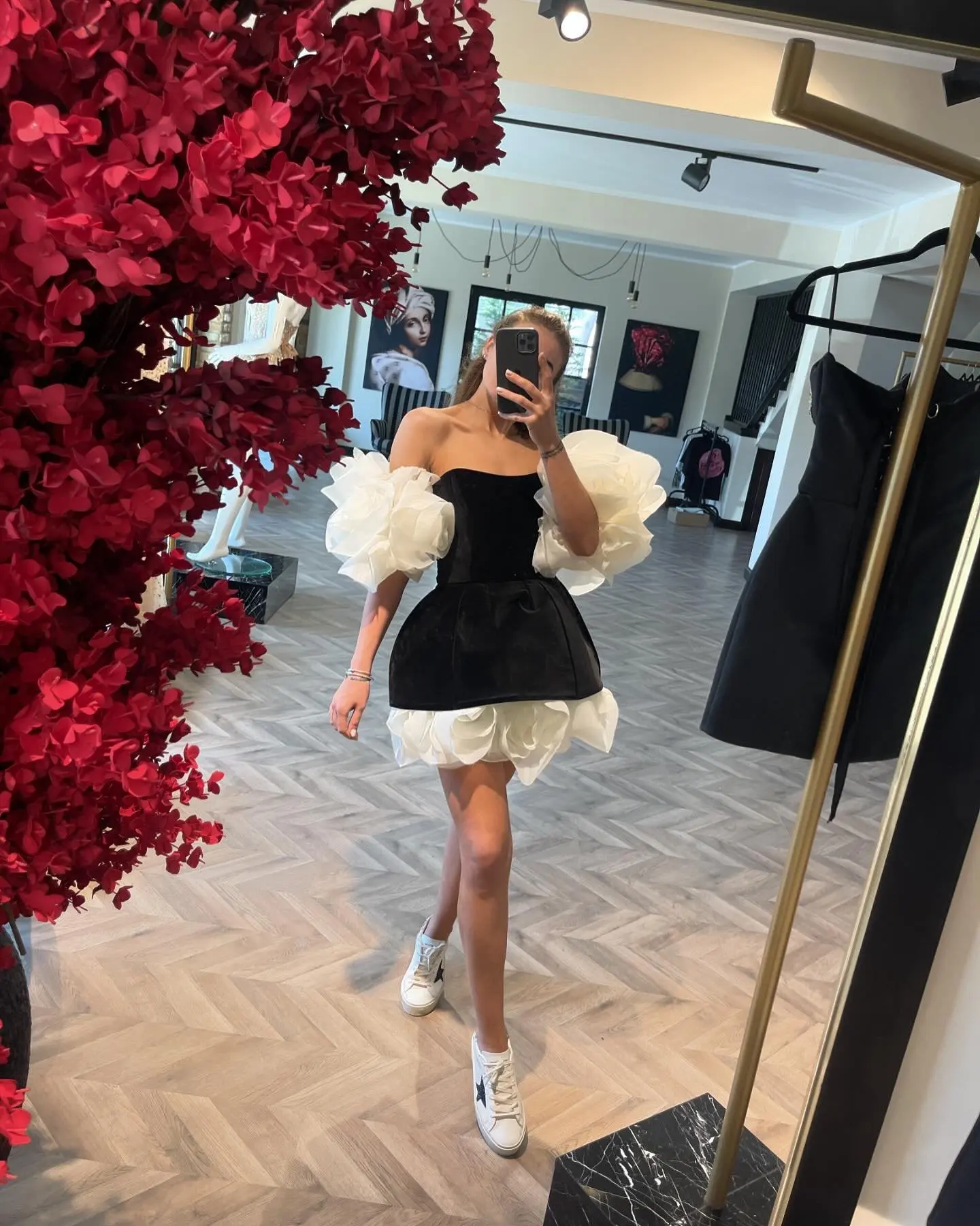 Fabulous 3D Flower Short Dress with Detachable Sleeves Extra Puffy Ruffled Floral Black Velvet Prom Party Dresses Birthday Gown