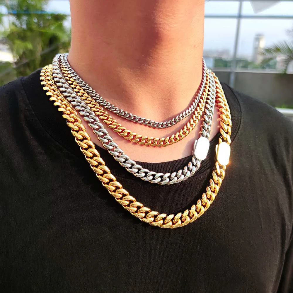 6-12mm Hip-Hop Golden Curb Cuban Link Chain Necklace For Men Women Stainless Steel Circular Grinding Bracelet Fashion Jewelry