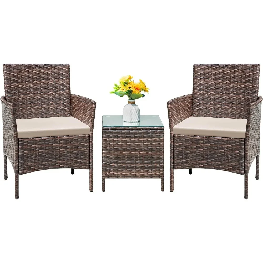 Patio Furniture Set 3 Pieces All-Weather Rattan Outdoor Furniture Patio Chairs with Tempered Glass Table (Brown/Cream)