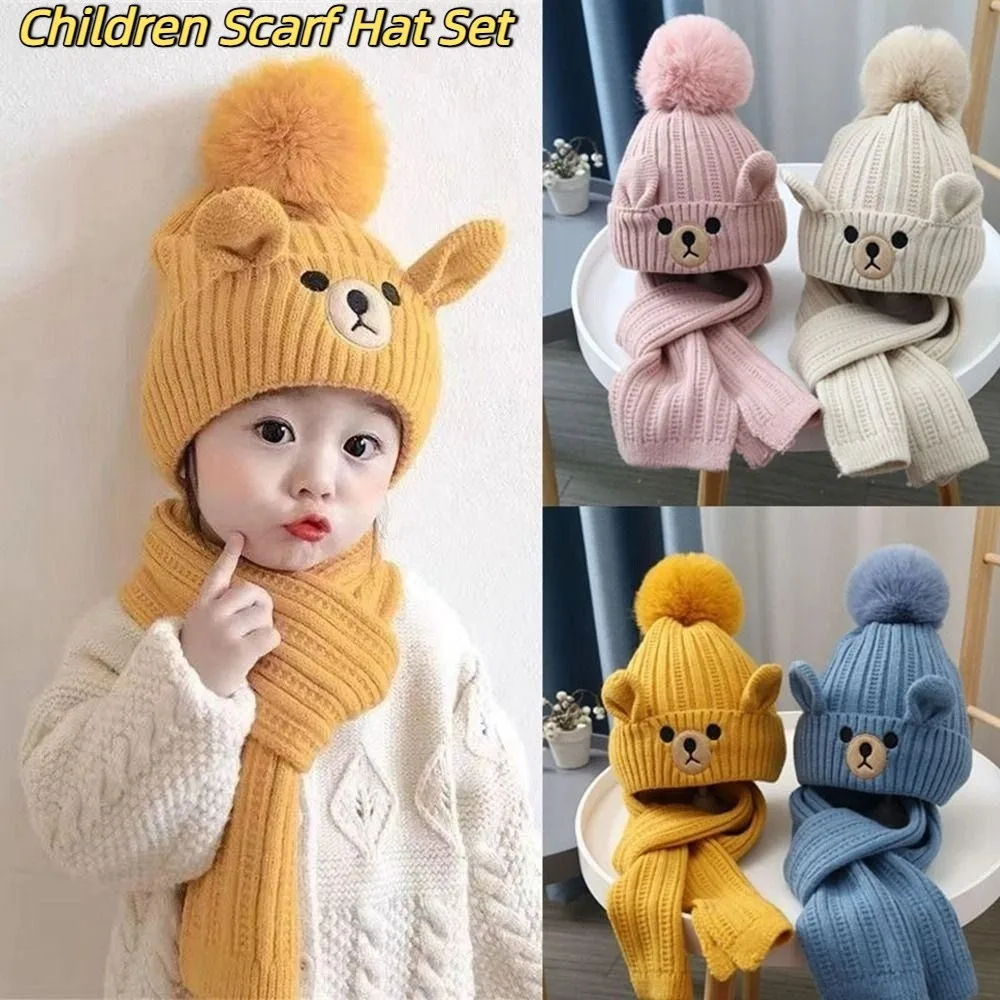 

Comfortable Bear Children Scarf Hat Set Cartoon Knitting Wool Beanie Cute Neck Warmer Warm Knitted Cap Baby