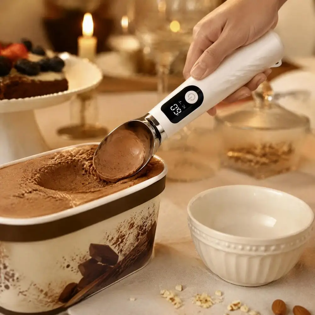 Heated Ice Cream Scoop with LED Display Rechargeable Self-Warming Spoon for Hard Ice Cream Gelato Dessert Kitchen Gadget