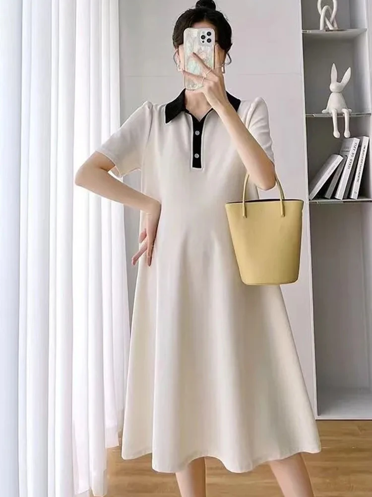 Maternity Summer Dress Set Korean Polo Shirt Maternity Dress Preppy Style Solid Color Dress Stretched Maternity Casual Dress