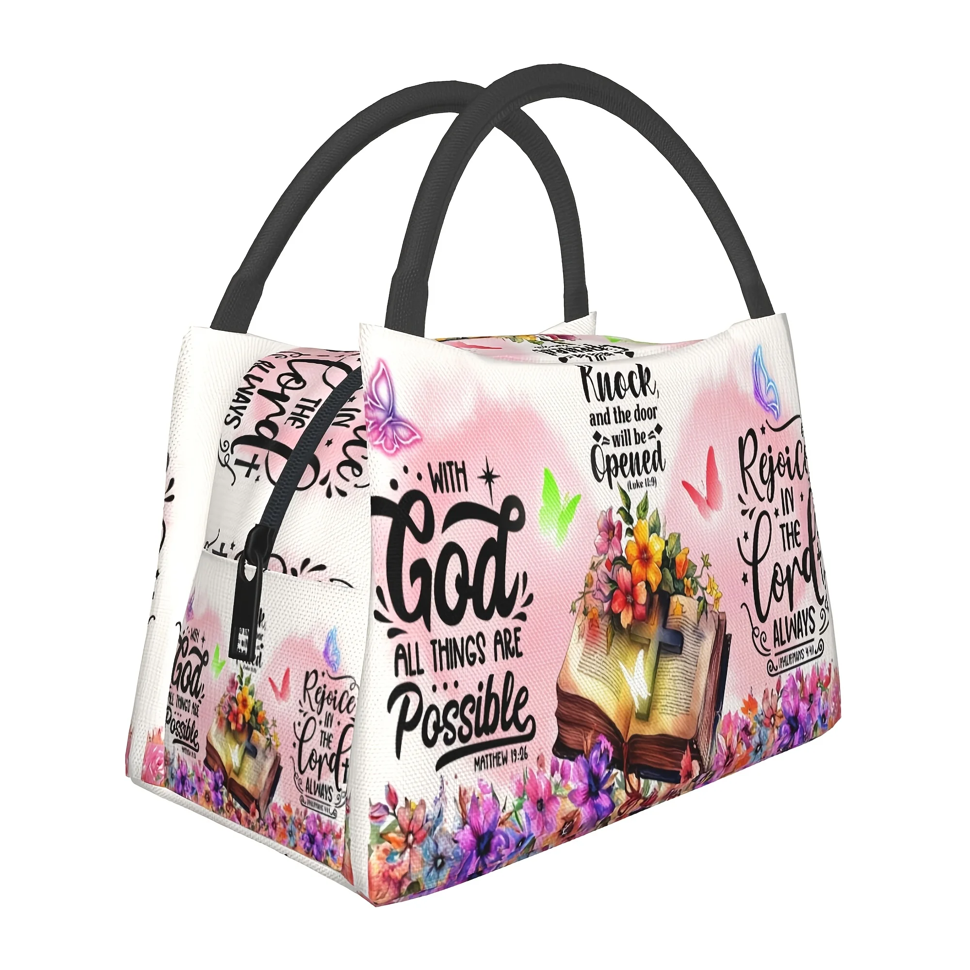 1pc Happy New Year, Cross Flower Text Pattern, Portable Reusable Cooler Bag, Insulated Bag, Insulated Lunch Bag