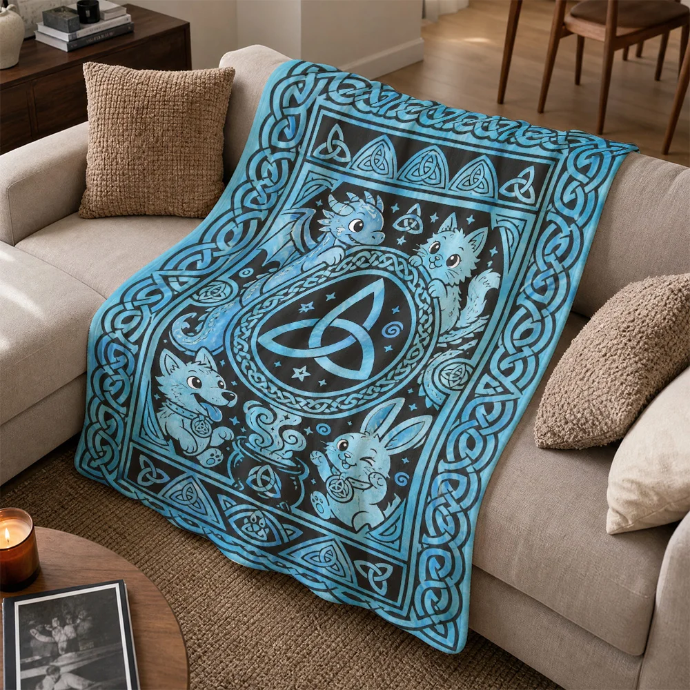 Mystical Celtic Knot Triquetra Throw Blanket for Sofa Couch Bohemian Home Decor Geometric Mandala Pattern Cozy Living Room Throw