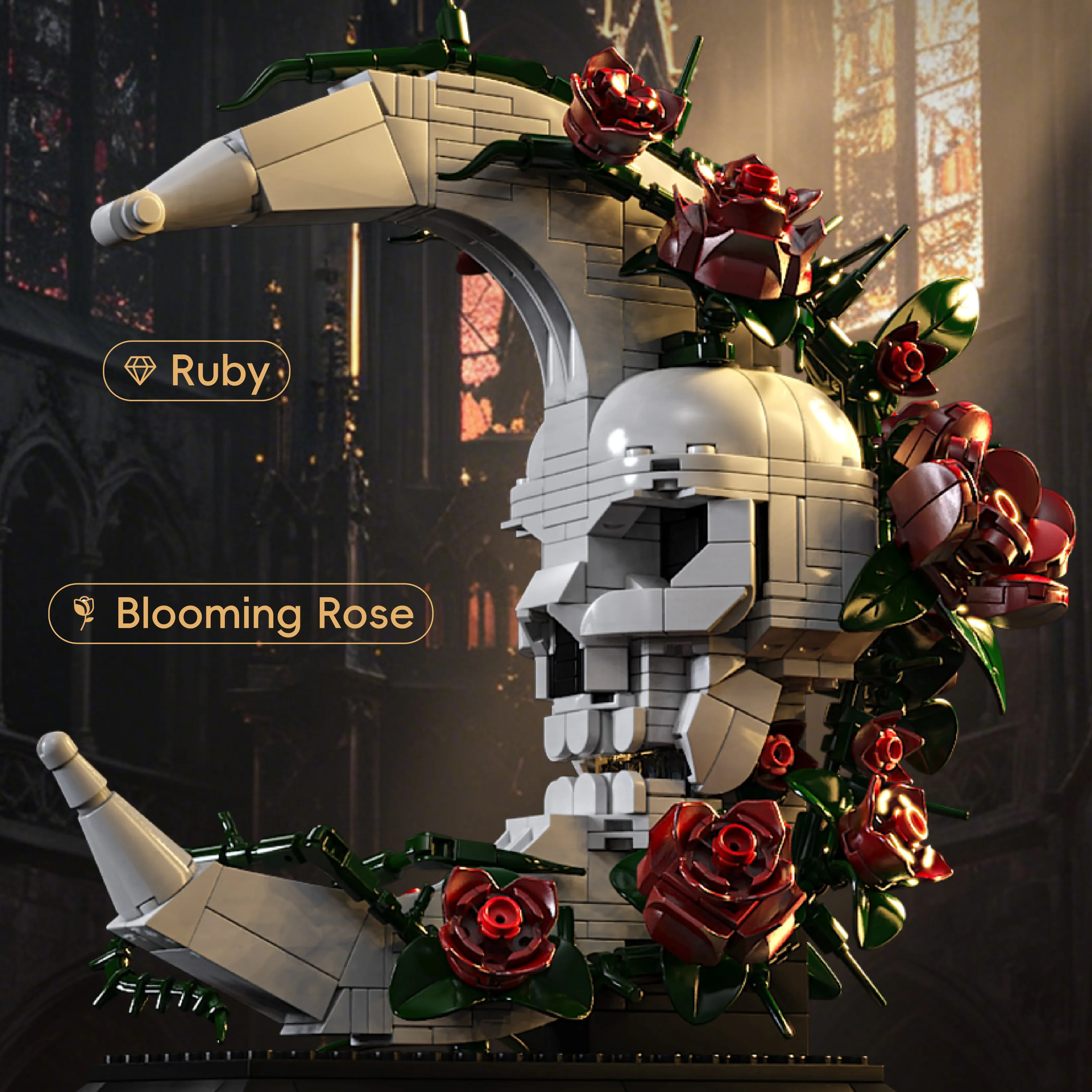 Set de Bloques de Construcción de Estilo Gótico con Calavera, Luna Creciente y Rosa Roja, Bloques de Construcción de Cruz y Rosa Góticas, Bloques de Construcción de Corazón Anatómico y Flor, Juguetes de Ensamblaje de Estilo Academia Oscura, Regalo de Hall