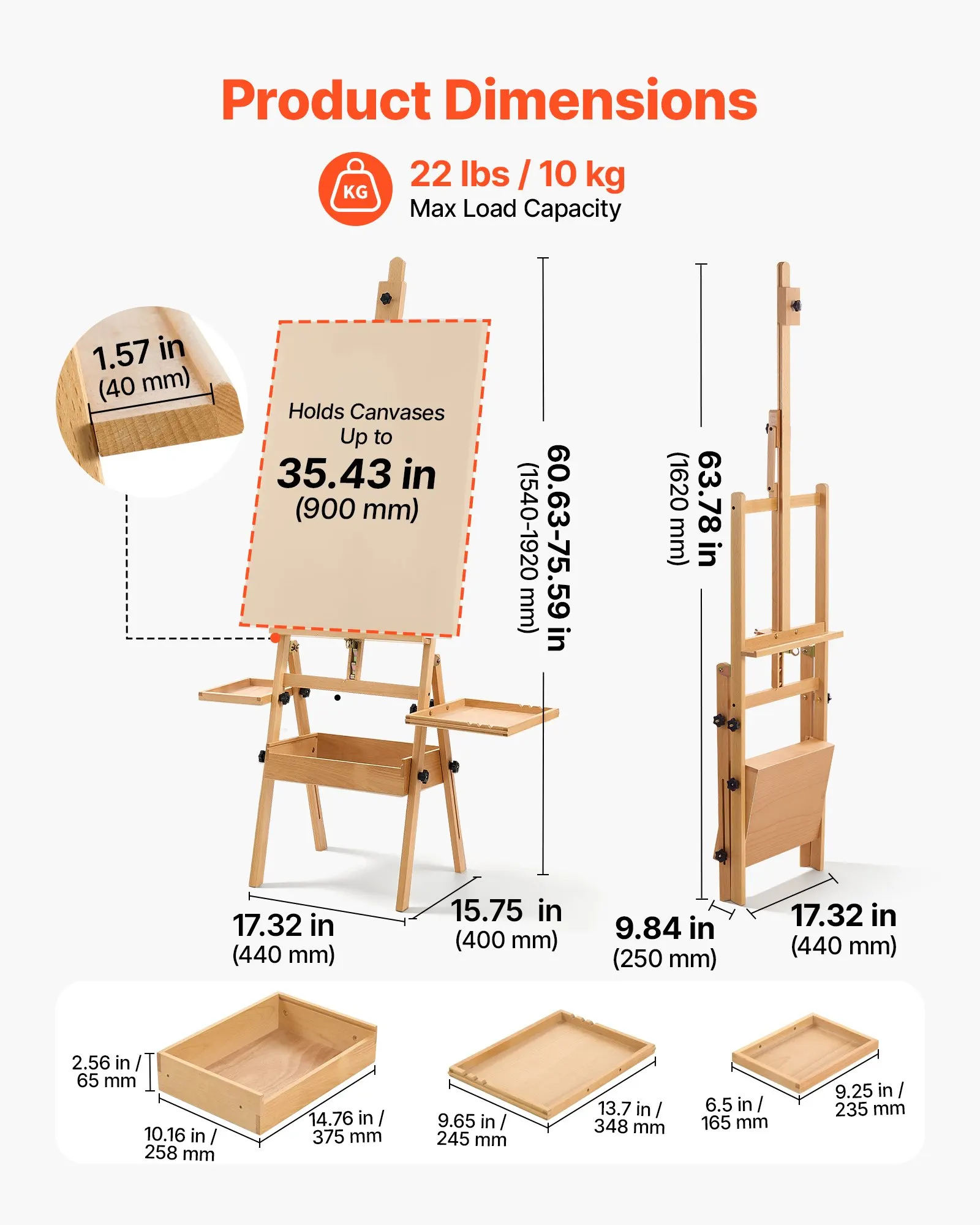 Studio H-Frame Easel Holds Canvas Up to 35.43" Solid Beech Wood Frame, Adjustable Height & Angle, Multi-Function Wooden Art Easel with Storage Box & Trays, Natural Color, Designed for Artists Painting