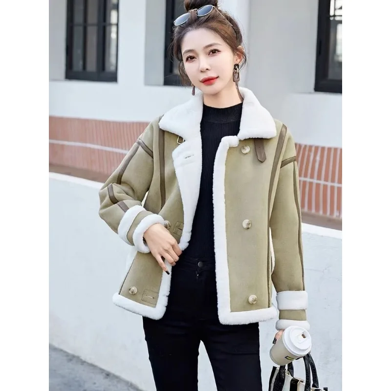 Deerskin Cashmere Lambswool Coat Women's Winter New Thick Warm Windproof Jackets Stitching Fur One Motorcycle Suit Woolen Coat