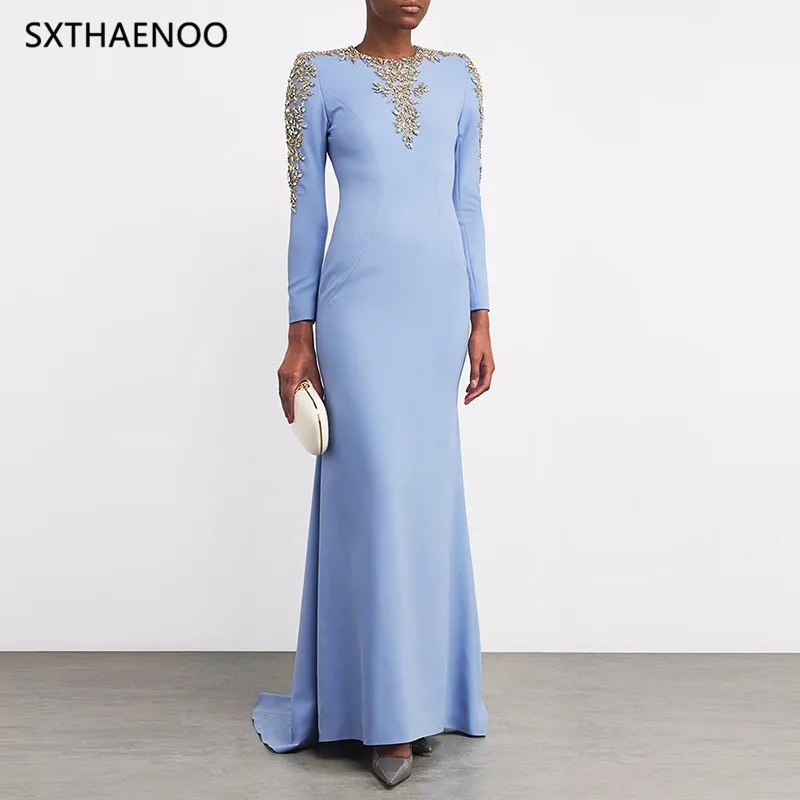 

SXTHAENOO Solid Slimming Spliced Bead Luxurious Dresses for Women Round Neck Long Sleeves Elegant Long Dress Female Clothing