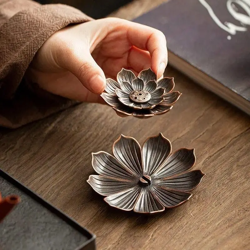 Alloy Incense Burner with 6 Holes, Lotus Shaped, for Stick Incense, Sandalwood Base, Used in Yoga Studios, and Home Decor