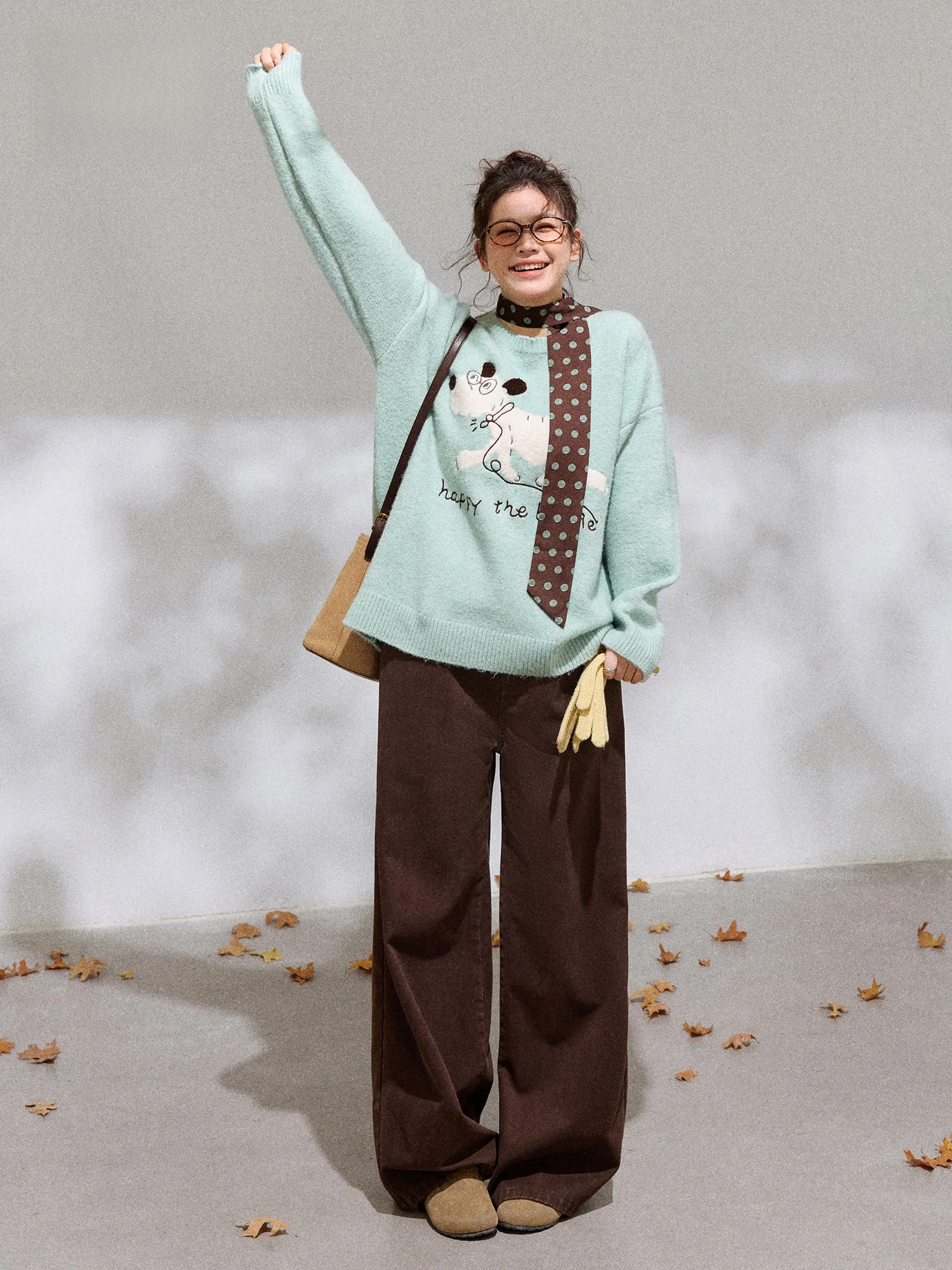 

Зимний комплект больших размеров для женщин в бежевом цвете с рисунком собаки, круглый вырез, высокая талия, корейский стиль, длинный рукав, повседневная одежда