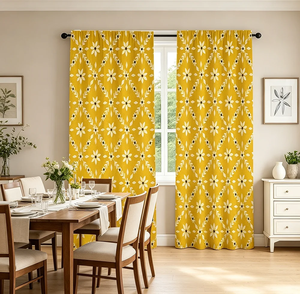 2PCS Digital Printed Curtains, Mustard Yellow Flower Pattern, Warm Vintage Bohemian Style for Living Room Bedroom Home Decor