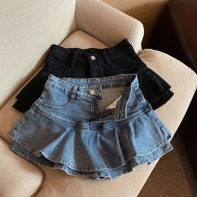 

Summer All Match Y2K Vintage Woman Denim Shorts Skirts Washed Kawaii Ball Gown Ruffles Mini Jeans Skirt Saias Femme Streetwear