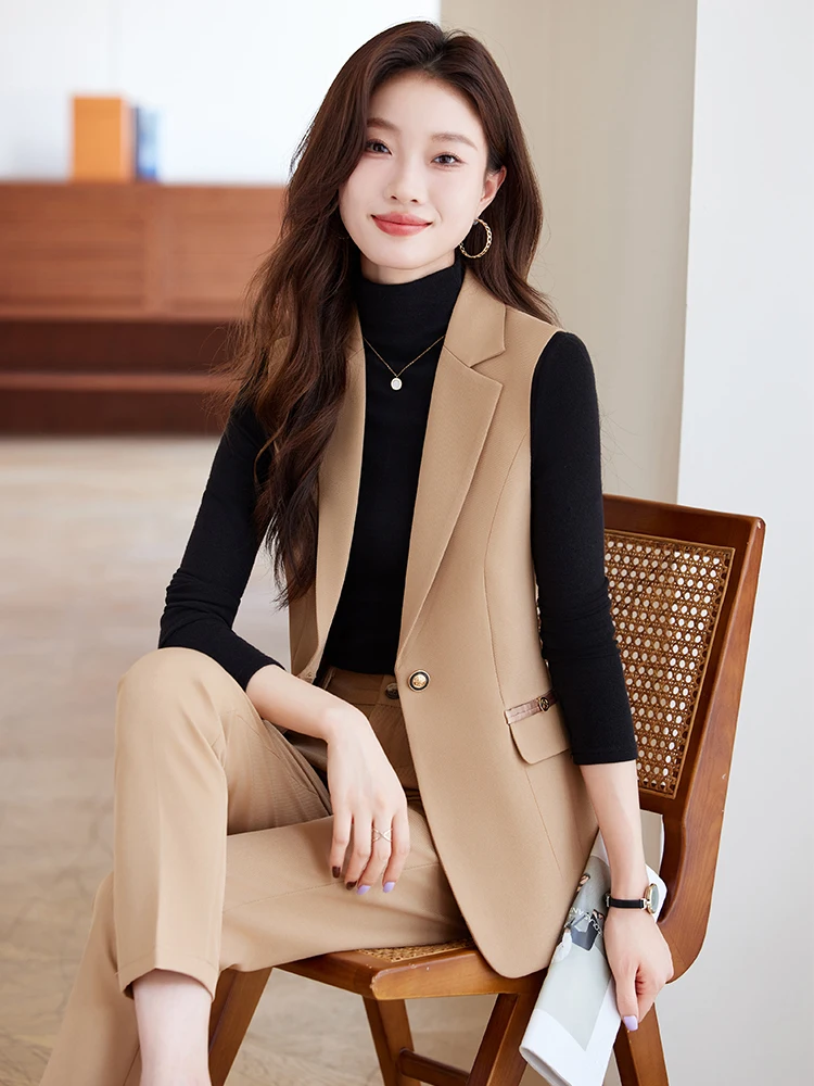 White Khaki Pink Black Women Pant Suit Solid 2 Piece Set Ladies Female Business Work Wear Formal Vest  And Trouser