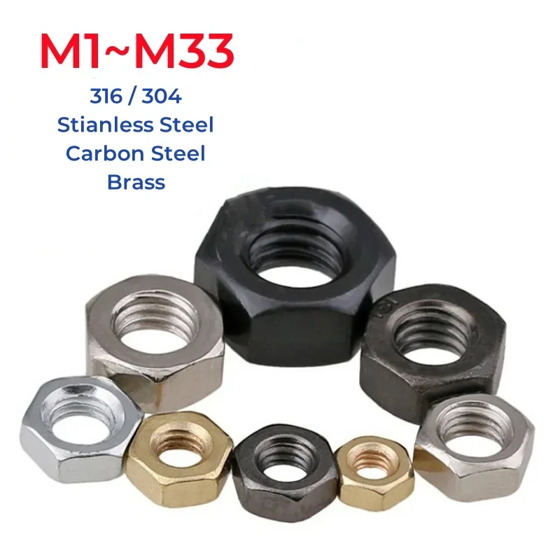 M1 M1.2 M1.4 M1.6 M2 M2.5 M2.6 M3 M3.5 M4 M5 M6 ~ M33 316/304 Stianless staal Koolstofstaal Messing zeskantmoer Metrische zeskantmoeren