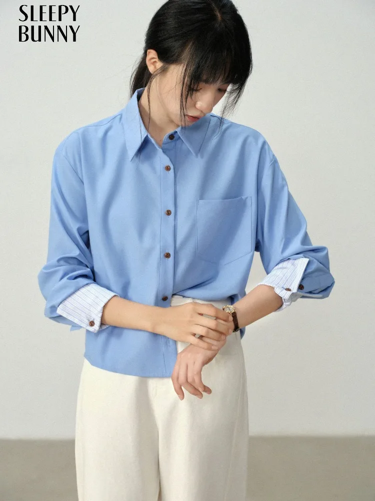 

Elegant Blue Shirt Long Sleeve Button Down Top Casual Fit Blouse Office Lady Oversized Collar Shirt Autumn Fashion Outfit Women